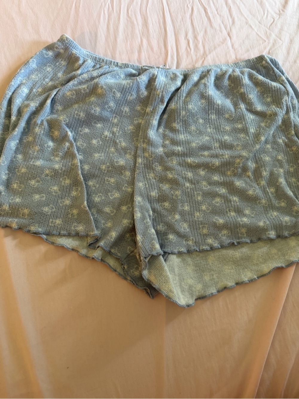 Pink Rose Light Blue Floral Ribbed Lounge Shorts